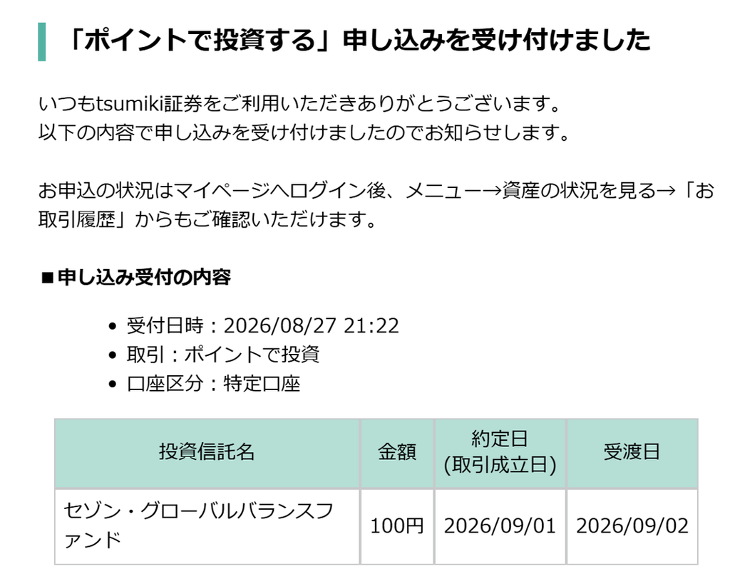 ポイント投資申込み完了画面